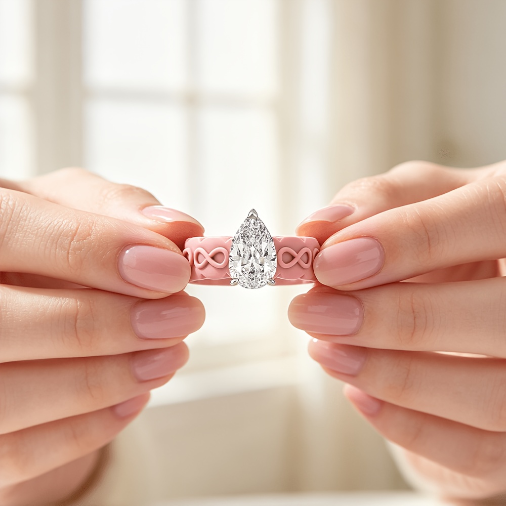 Pink Teardrop-Shaped Zirconia Silicone Ring, Anniversary Gift