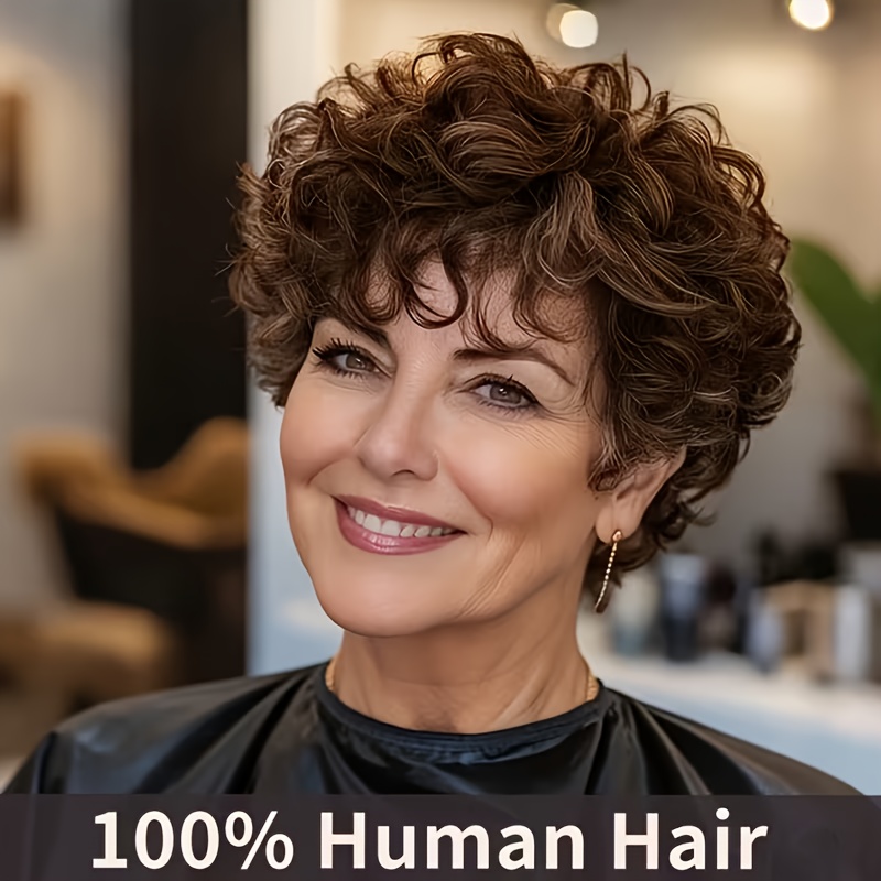 A Brown Short Curly Wig With Bangs And Loose Curls, For Love Layered Curly Styles. Made From Brazilian Hair, Glueless Wigs Are Perfect For Daily Wear, Parties, And Christmas Celebrations