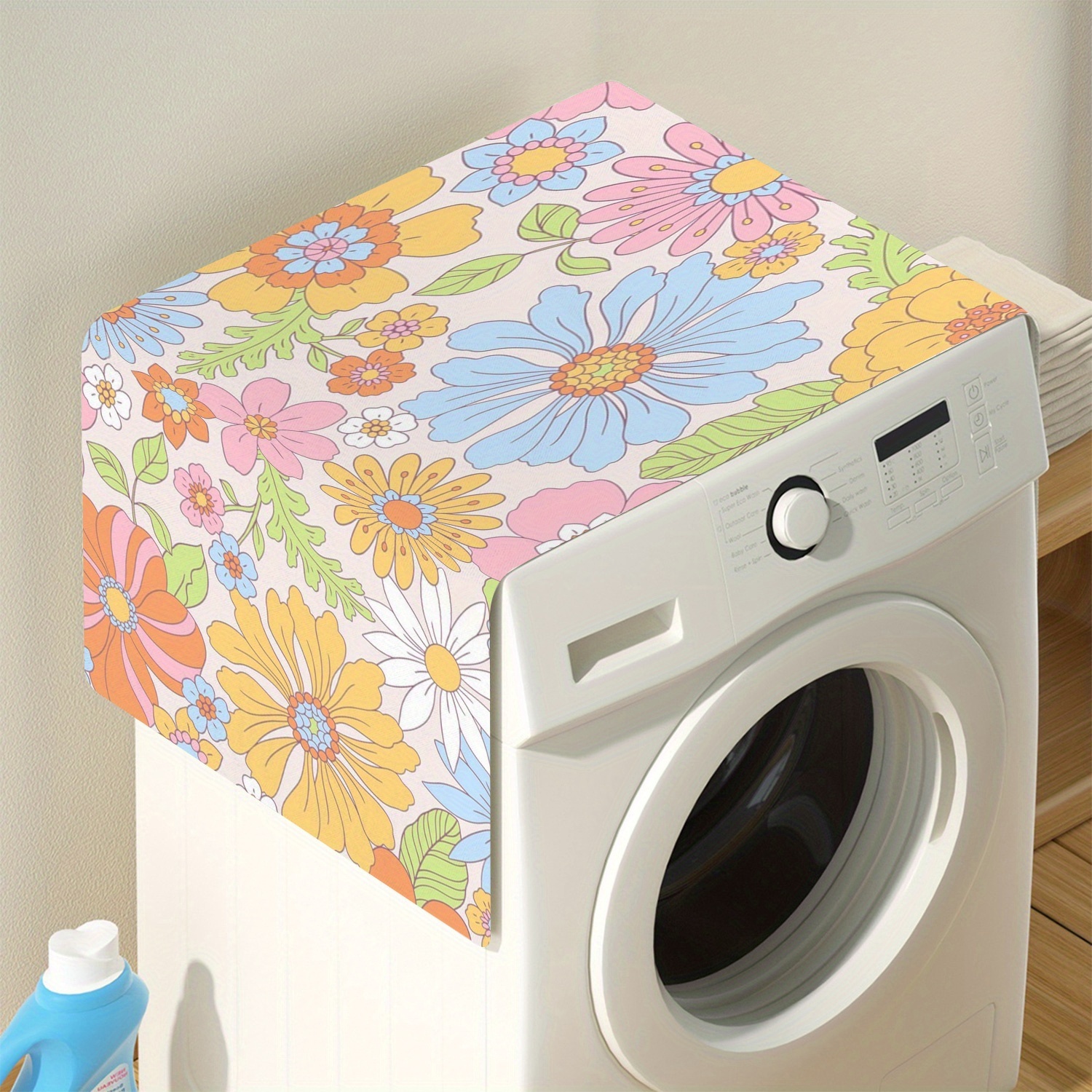 TEMU 1 Housse de protection anti-poussière avec imprimé floral coloré, en polyester, pour machines à laver et sèche-linge, lavable