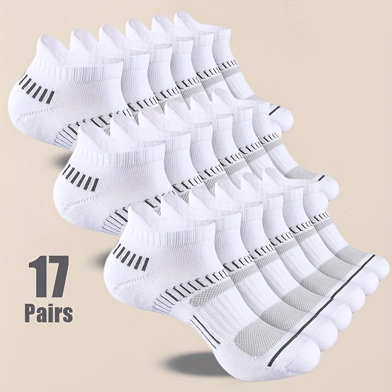 7/17 Pairs Unisex White Solid Color Striped Socks With Staysock Design, High Elasticity, Breathable, And Style