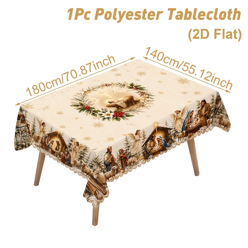 TEMU Nappe de Noël 2D Plate, 1 pièce, Couronne de Noël et Crèche, Nappes Rondes et Rectangulaires, Décoration de Table pour Table à Manger, Parfaite