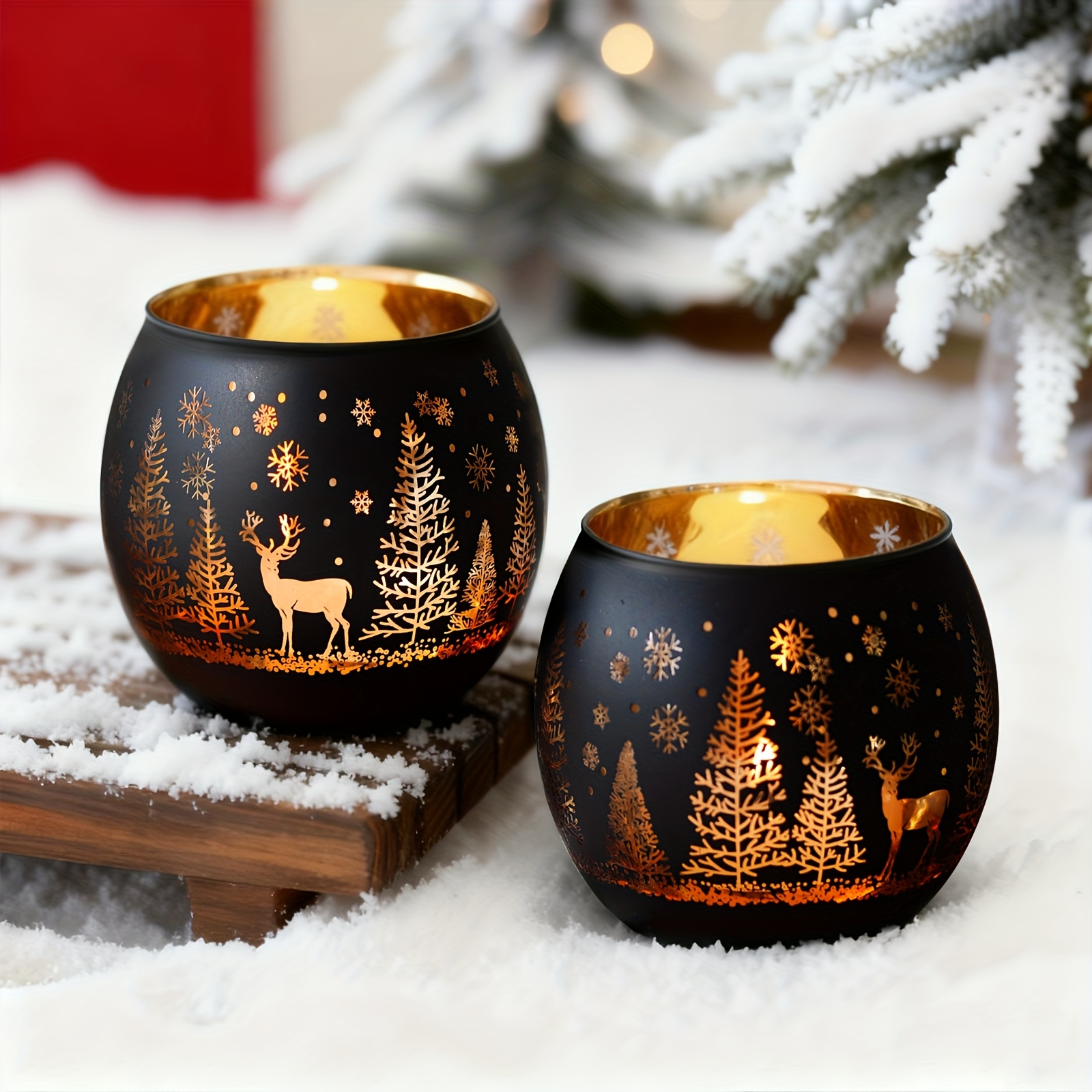 TEMU 2 stuks Kerstkaarsenhouders, Zwarte Glazen Votiefkaarsenhouder met Rendier, Kerstboom en Sneeuwvlok Uitsnijdpatroon, Kerst Votive Kaarsbekers,