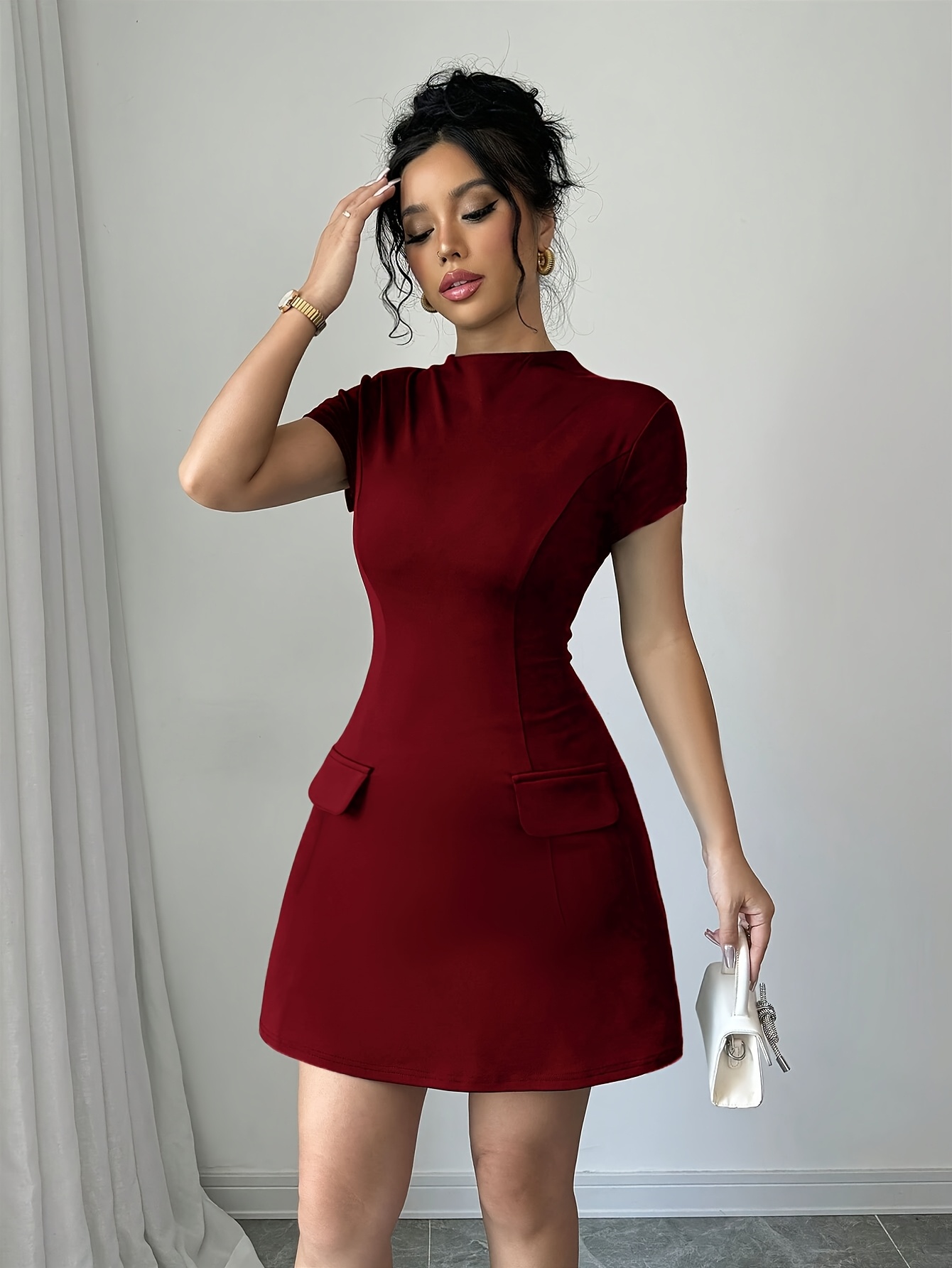 womens elegant short black dress faux pocket stand collar - Temu