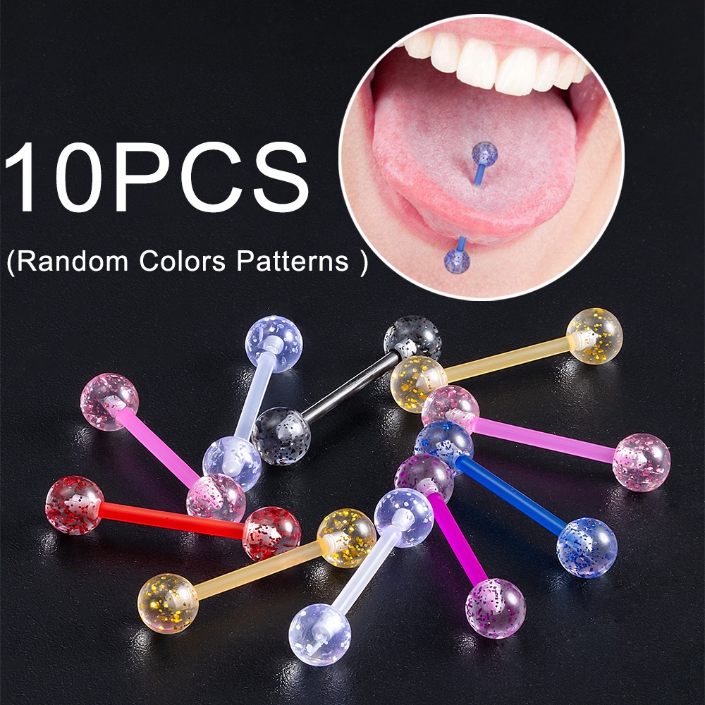 TEMU 10/30/60pcs Flexible Tongue Piercing Barbell Tongue Rings Colorful Acrylic Body Piercing Jewelry Random Colors Patterns 14 Gauge