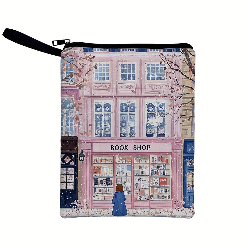 TEMU Pink Bookstore Printed Book Cover, Girl Book Cover Protective Bag Under Snowflakes, Double-sided Printed Zipper Closed Makeup Bag Mobile Ipad