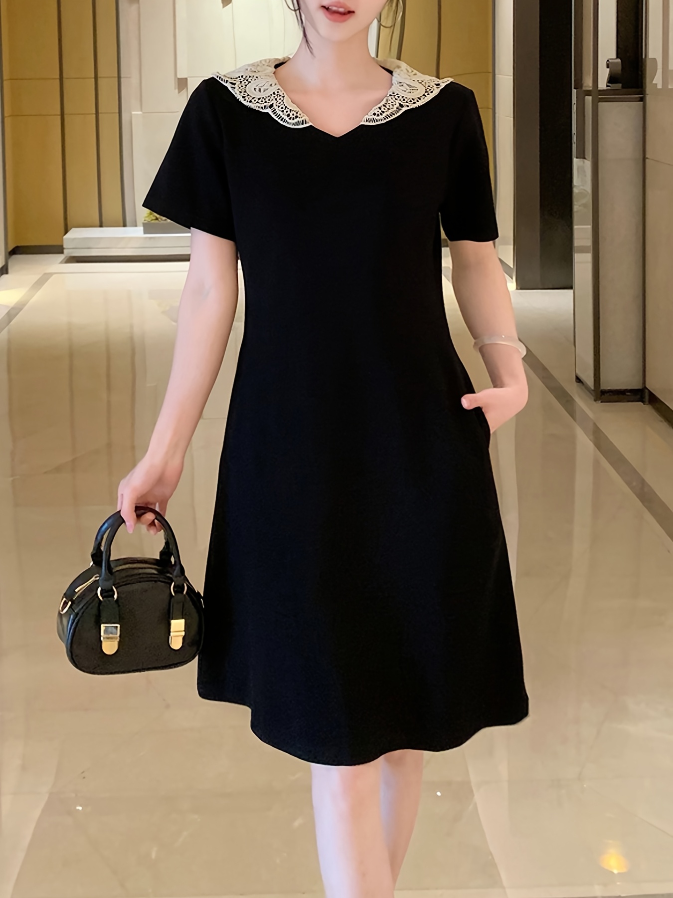 womens summer korean a line dress black short - Temu