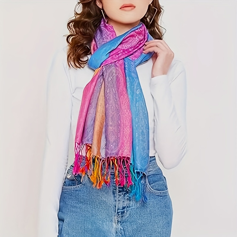 

Elegant Bohemian Paisley Jacquard Satin Scarf With Rainbow Gradient And Tassels - Stylish Shawl For Women, Carnival And Outdoor Events