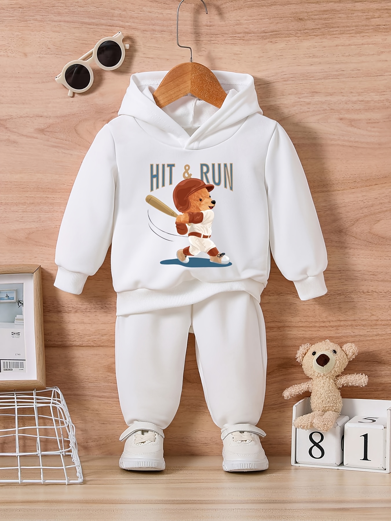 kids hooded sweatsuit set boys' cartoon teddy bear print jogging