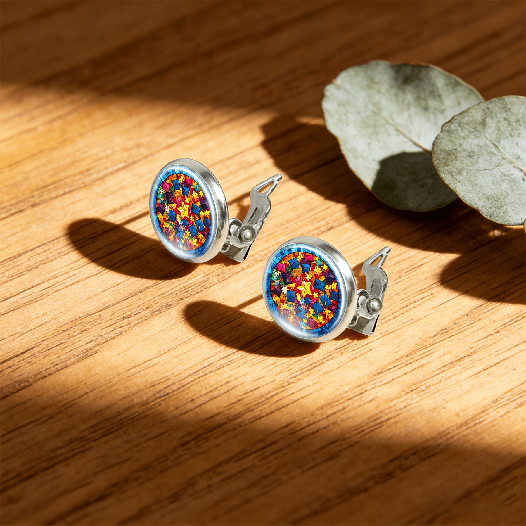 2pcs Set No-Pierced Round Glass Face Women'S Earrings with Geometric Shapes