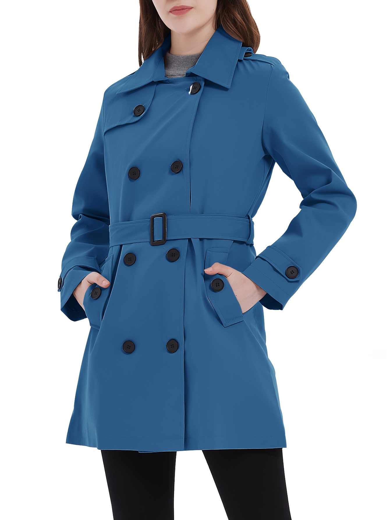 Women'S Elegant Double-Breasted Hooded Trench Coat with Belt, Casual Solid  Color *-Length Long Sleeve Windbreaker Jacket, Non-Stretch Woven Polyeste