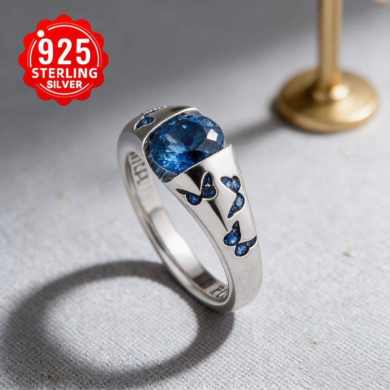 TEMU 925 Sterling Silvery London Ring For Women - Dainty Cutout Design, Hypoallergenic Band, Deep Gemstone, Elegant Daily Wear, Unique Engagement & Anniversary Gift, Jewelry