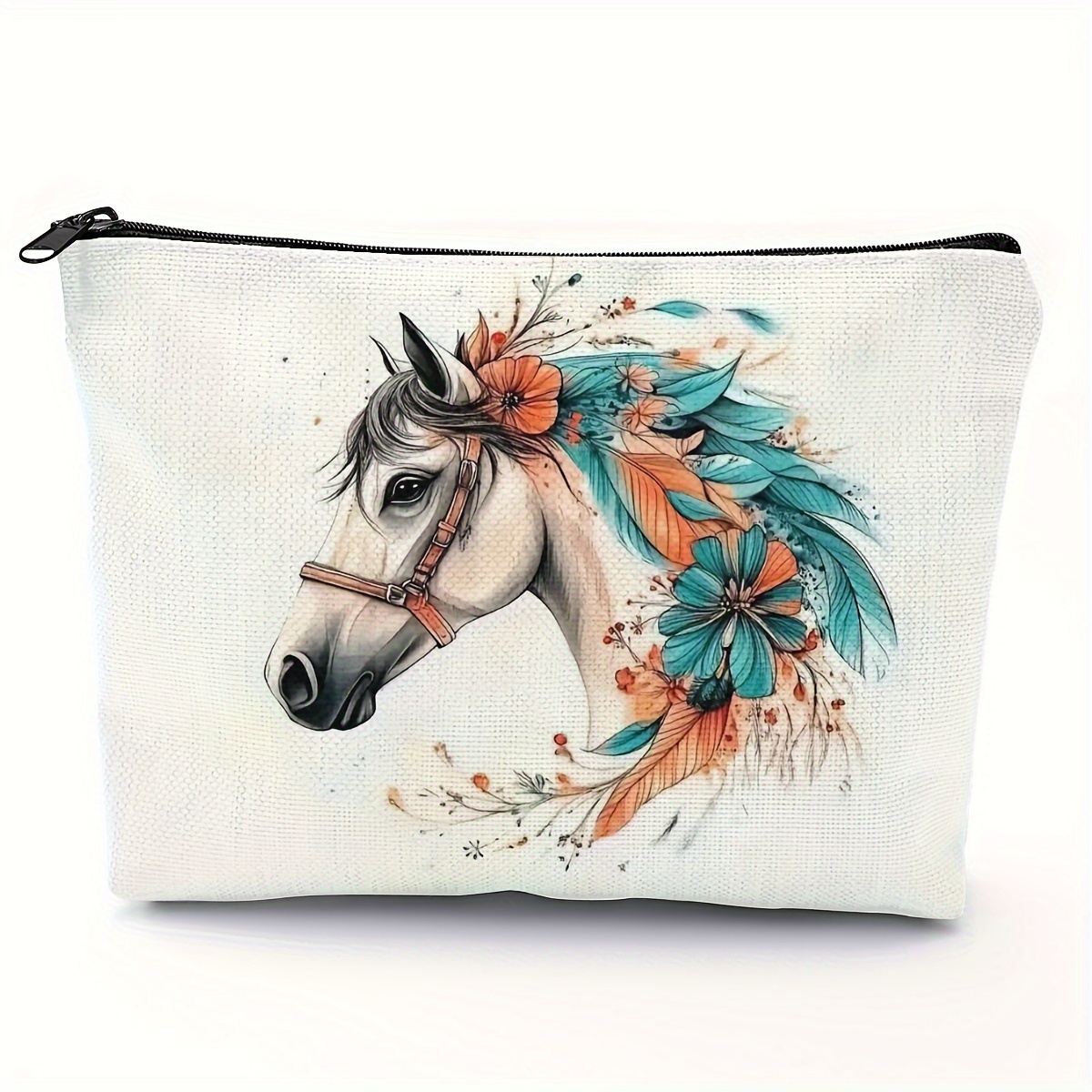 

1pc Western Horse Print Makeup Bag, Double-sided Polyester , Foldable With Zipper Closure, Hand Washable, Large Capacity 5.51x8.66 Inches (14x22cm) - Ideal For Travel & Gifts