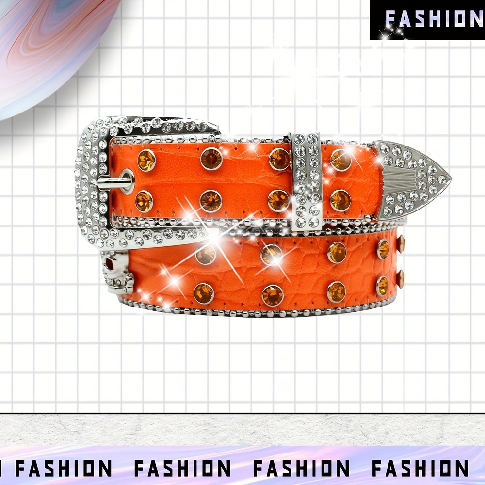 TEMU Men's Orange Crocodile Pattern Rhinestone Belt With Skull Decoration, Sparkling, Suitable For Jeans, A Christmas Gift.