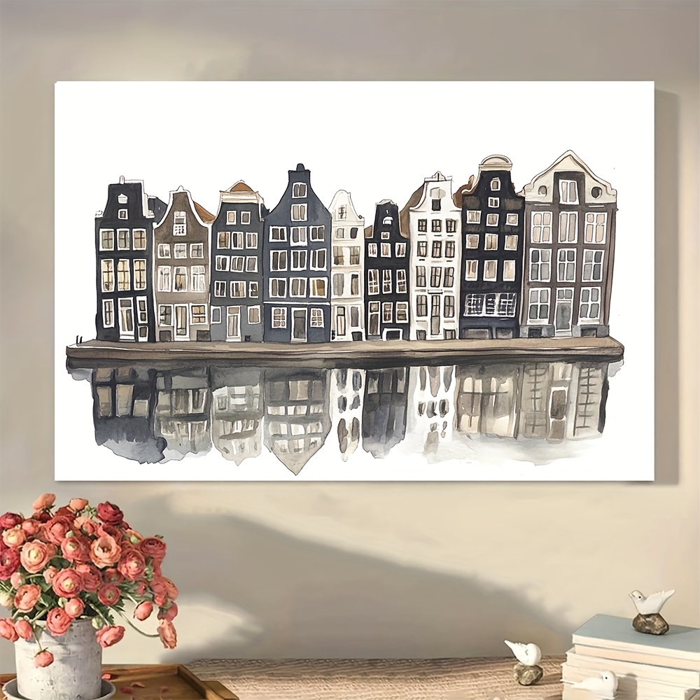TEMU 2d Flat, 1pc Vintage Amsterdam Canal Buildings Canvas Art Print - Wooden Framed Wall Decor With Detailed Architecture & Reflective , European