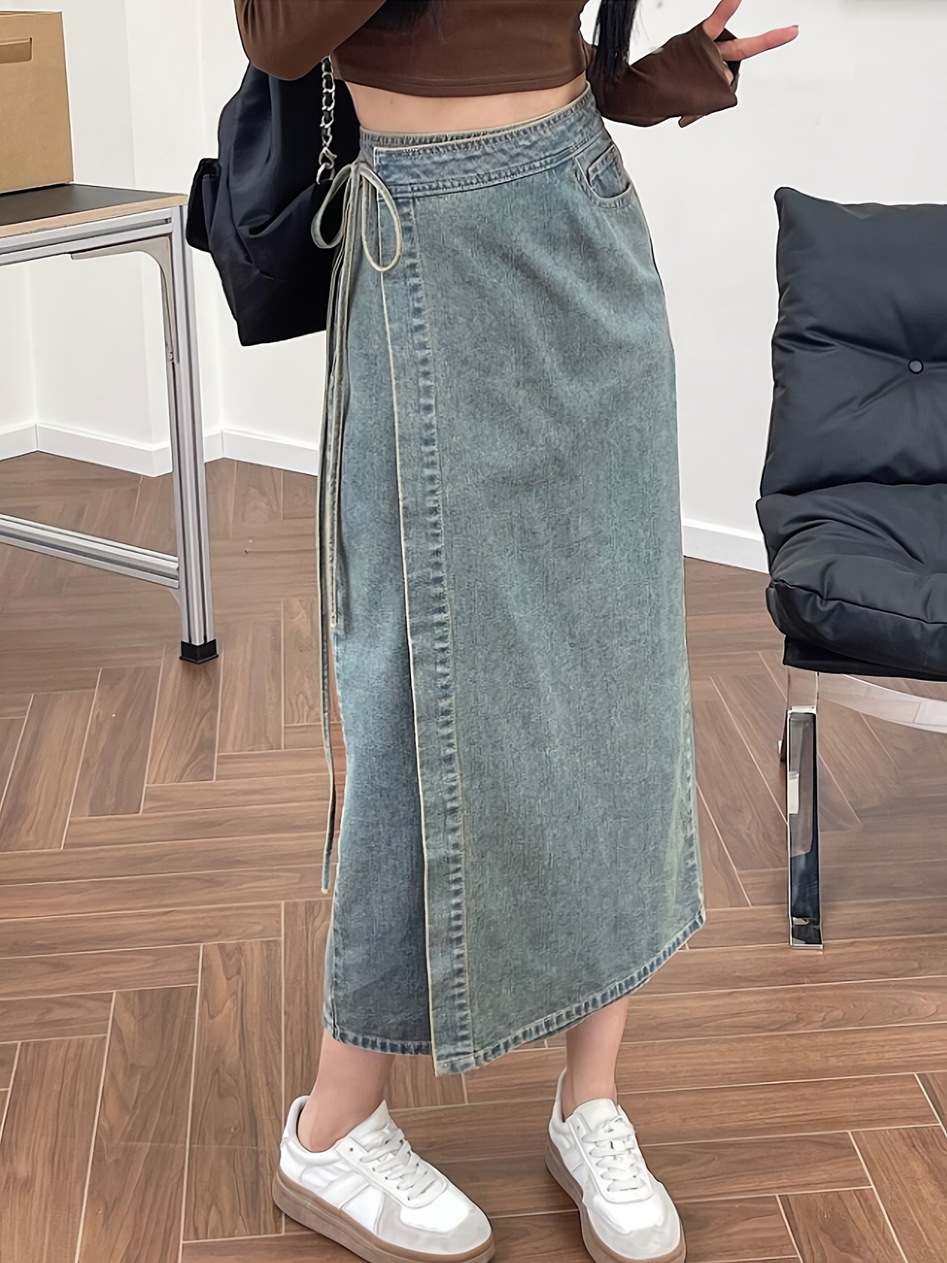 women's elegant geometric denim skirt vintage wrap Temu Thailand