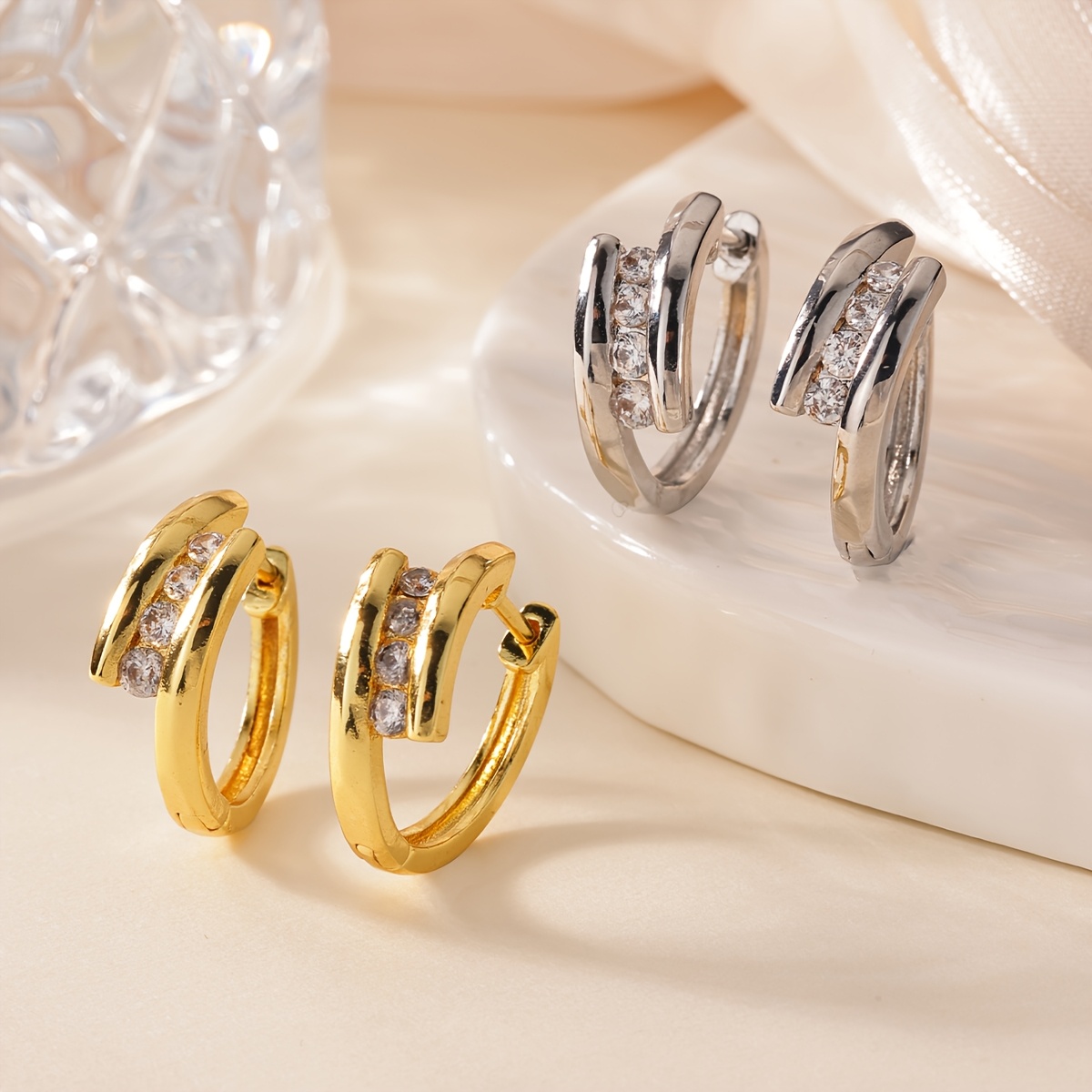 Women's Irregular Round Ear Hoops with Synthetic Zirconia