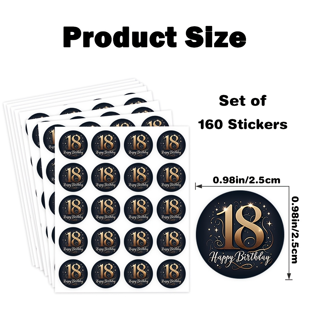 TEMU 160 adesivi rotondi a tema compleanno con numero 18 ed elementi a spirale scintillanti, design in stile sfondo scuro, adatti per scatole regalo,