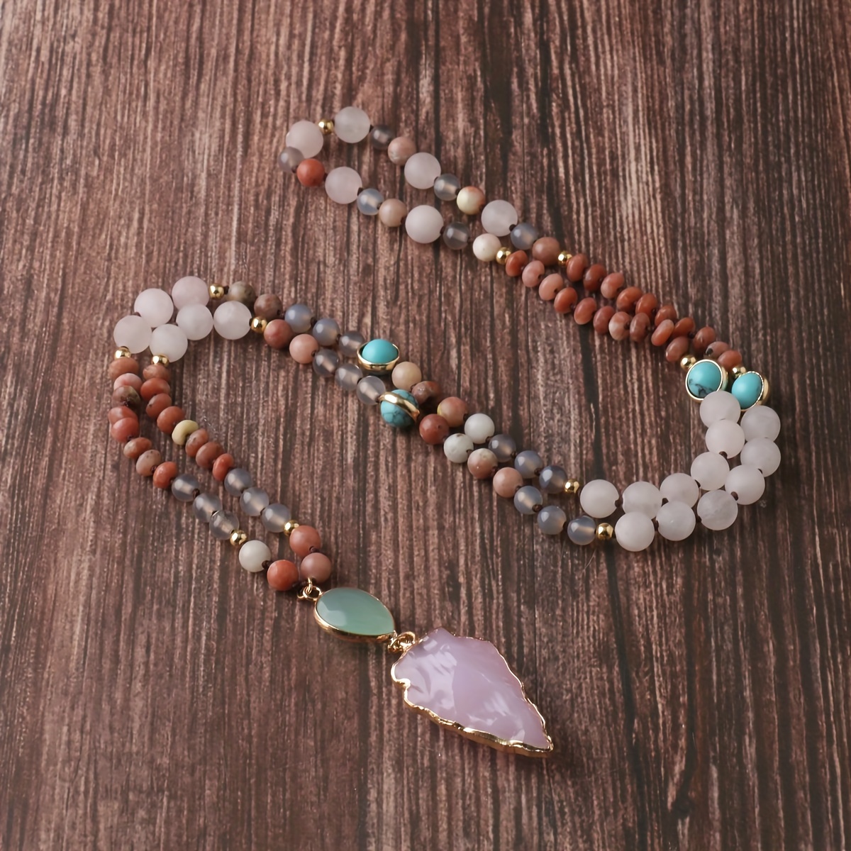 

Bohemian Elegant Hand-knotted 108 Pinkish Crystal Beaded Mala Necklace With Turquoise Accents Japamala Neck Decor Jewelry