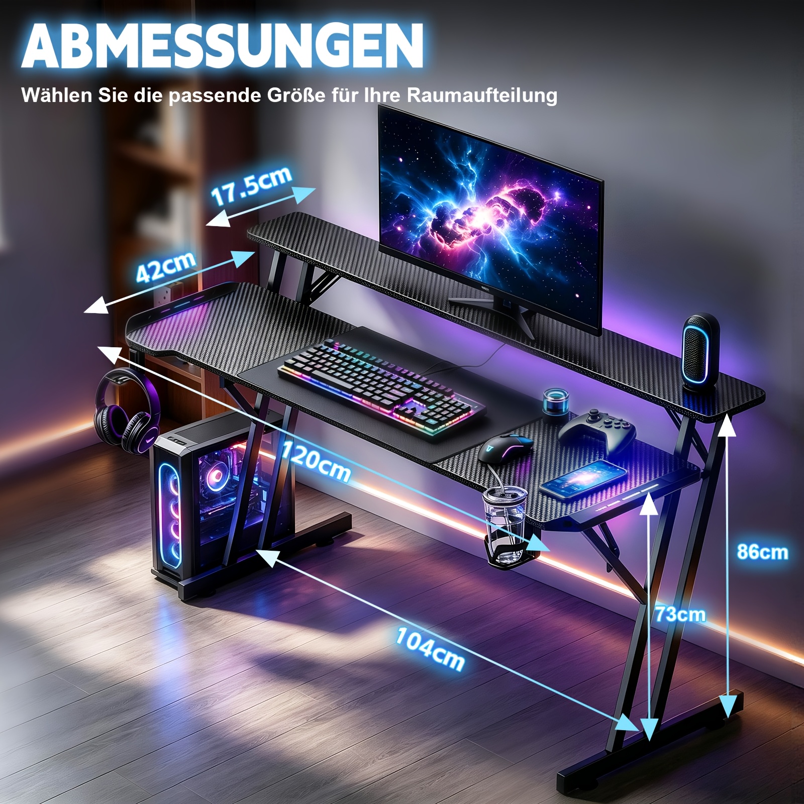 Image of Home Z-shaped Frame Computer Desk With Built-in Cup Holder, Headphone Hook, Cable Routing Hole Design. Suitable For Indoor Home Office, And Gaming.