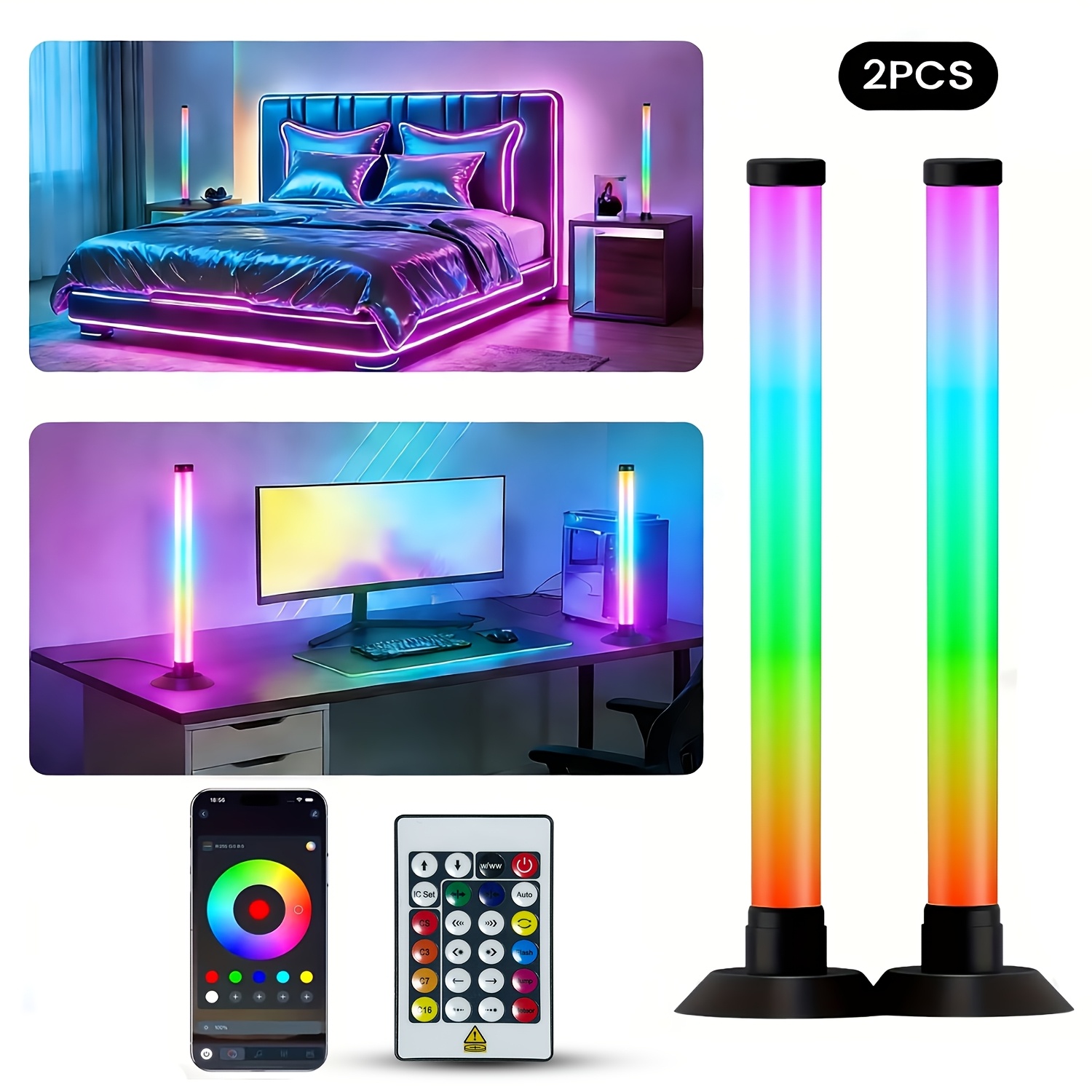 TEMU 2 Rgb Lights, App And Remote Control, Usb Powered 16 Million Colors, Music Sync, Dimmable Color Changing Night Light, 3 Control , Dynamic Music