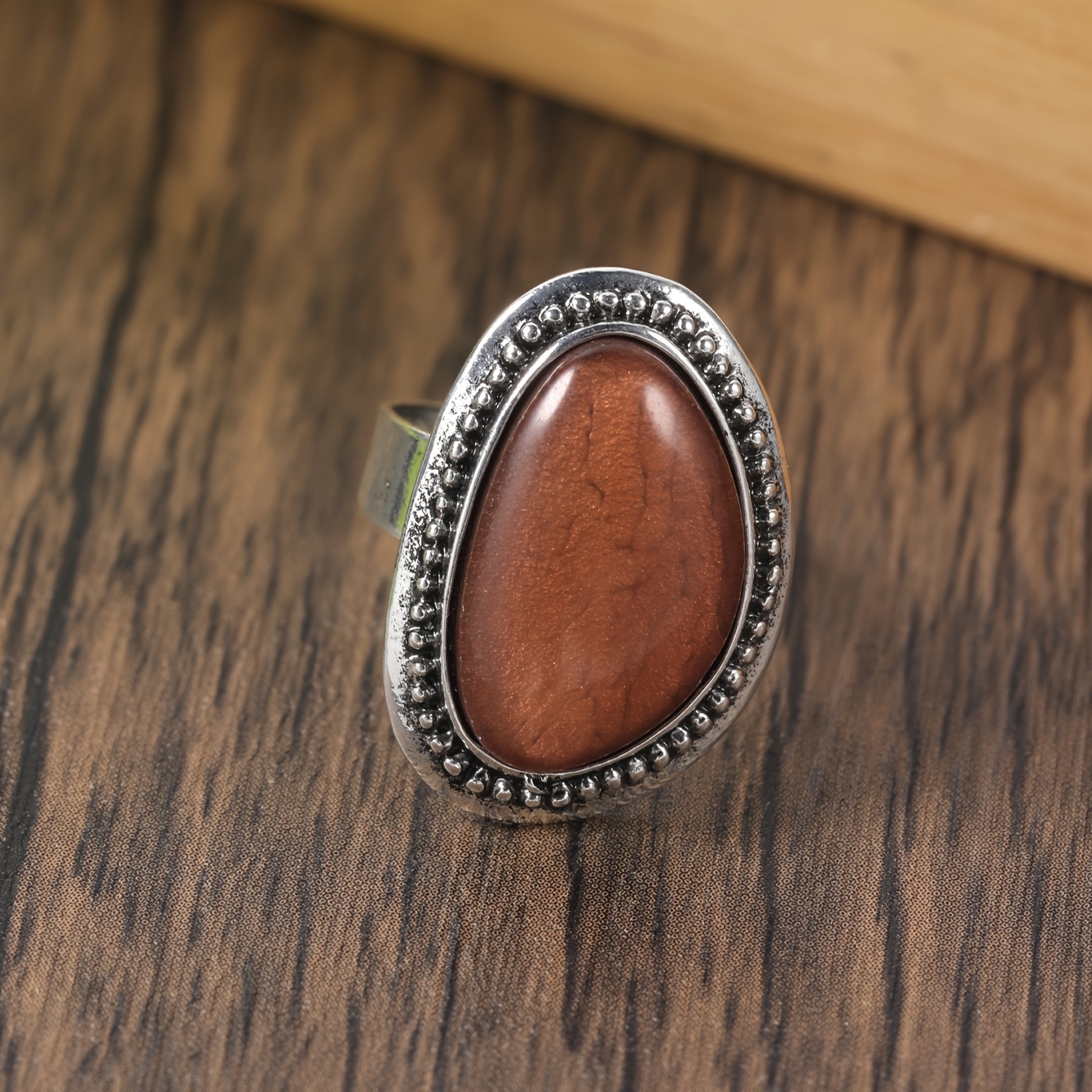 Bohemian Style Stainless Steel Open Ring with Resin Gemstone Oval Shape