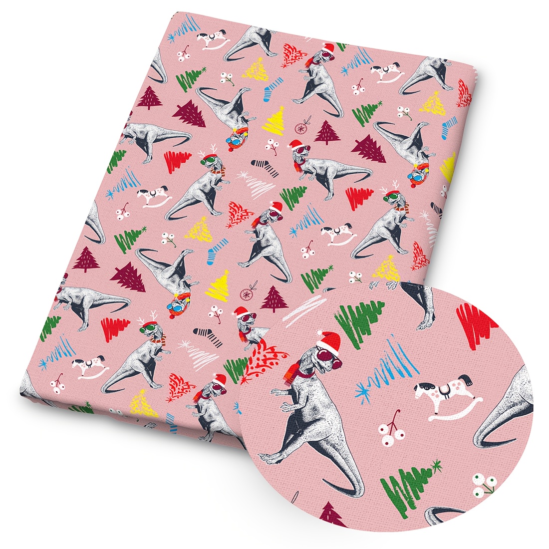 TEMU 1pc Of Dinosaur Christmas-themed Printed Print Fabric - 59x19.68 Inches (150x50 Cm), Featuring Colorful Dinosaurs, Santa Hats, And Christmas