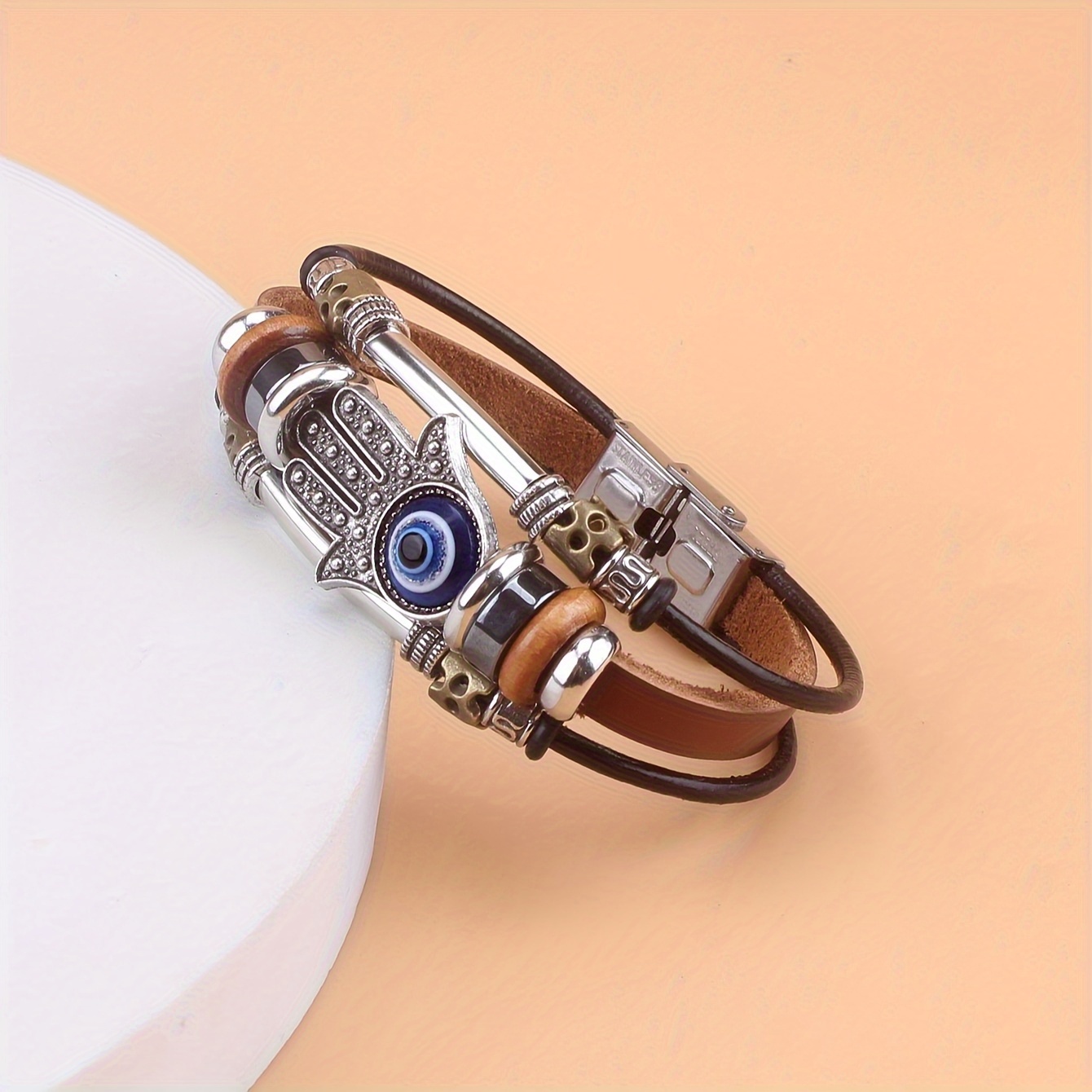 Image of 1 Bohemian Style Fatima Palm Blue Eye Beaded Leather Bracelet With Stainless Steel Suitable For Daily Wear