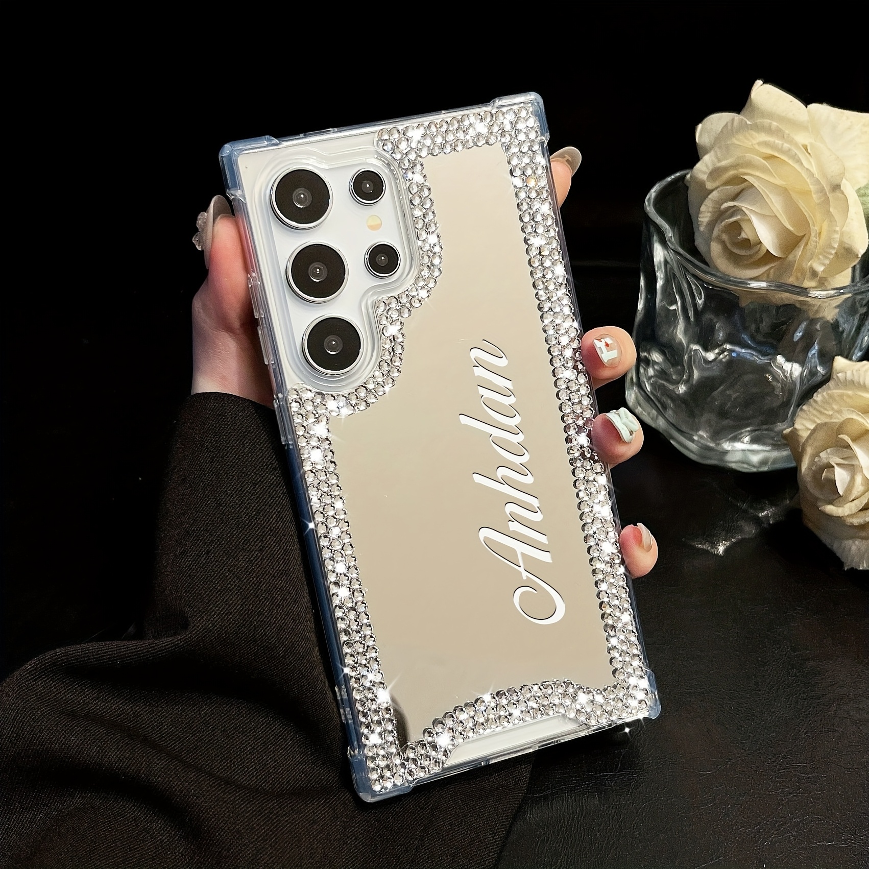 TEMU para teléfono: de lujo personalizada con y , espejo de maquillaje con strass, para for Galaxy S25 S24 S23 S22 , cubierta antigolpes