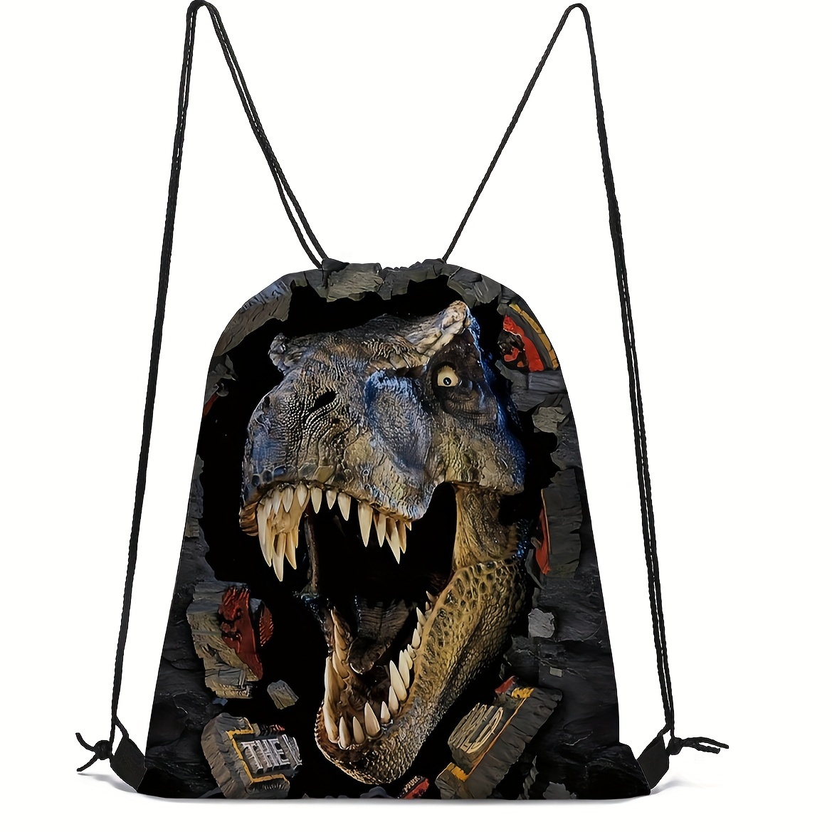 

Men's Dinosaur Print Drawstring Backpack - Adjustable, Polyester Gym Bag For Sports, Hiking & Travel, Black With & , Hand Wash Or