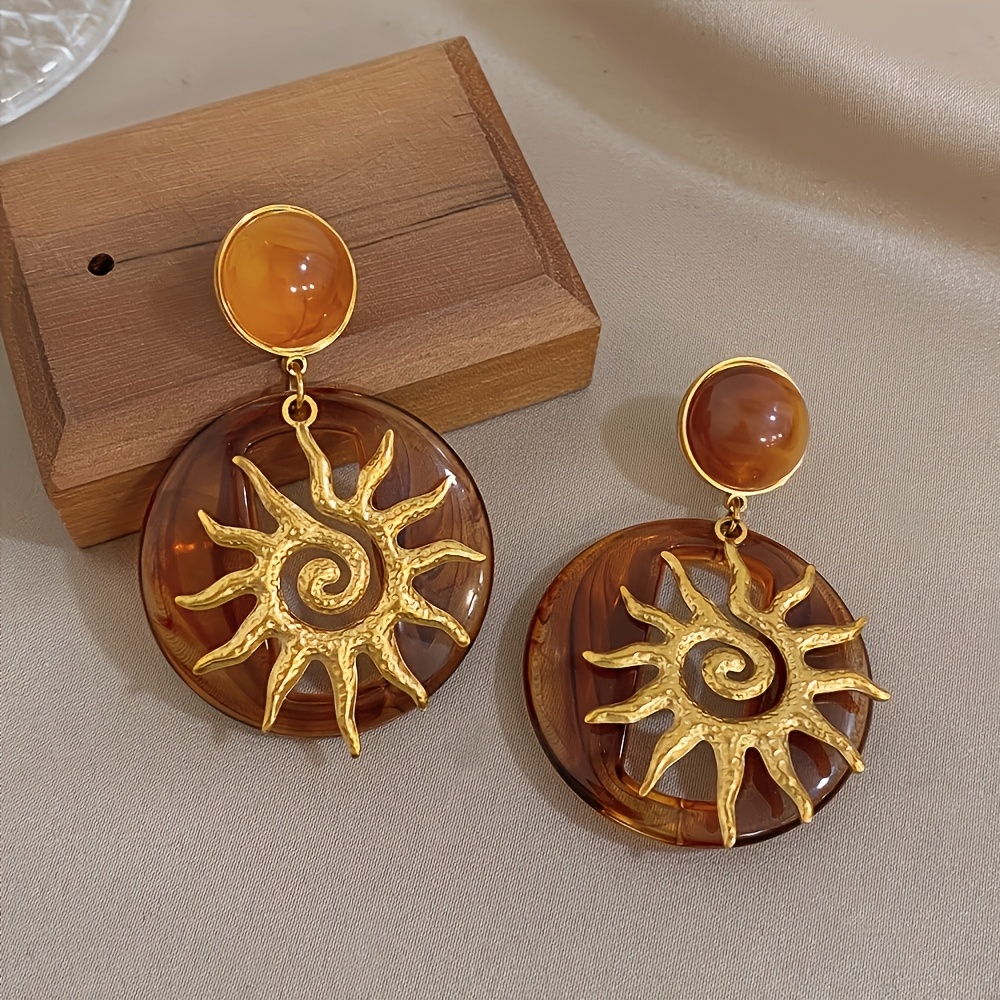 Vintage Amber Pendant Earrings, Women's Bohemian Sunflower Design
