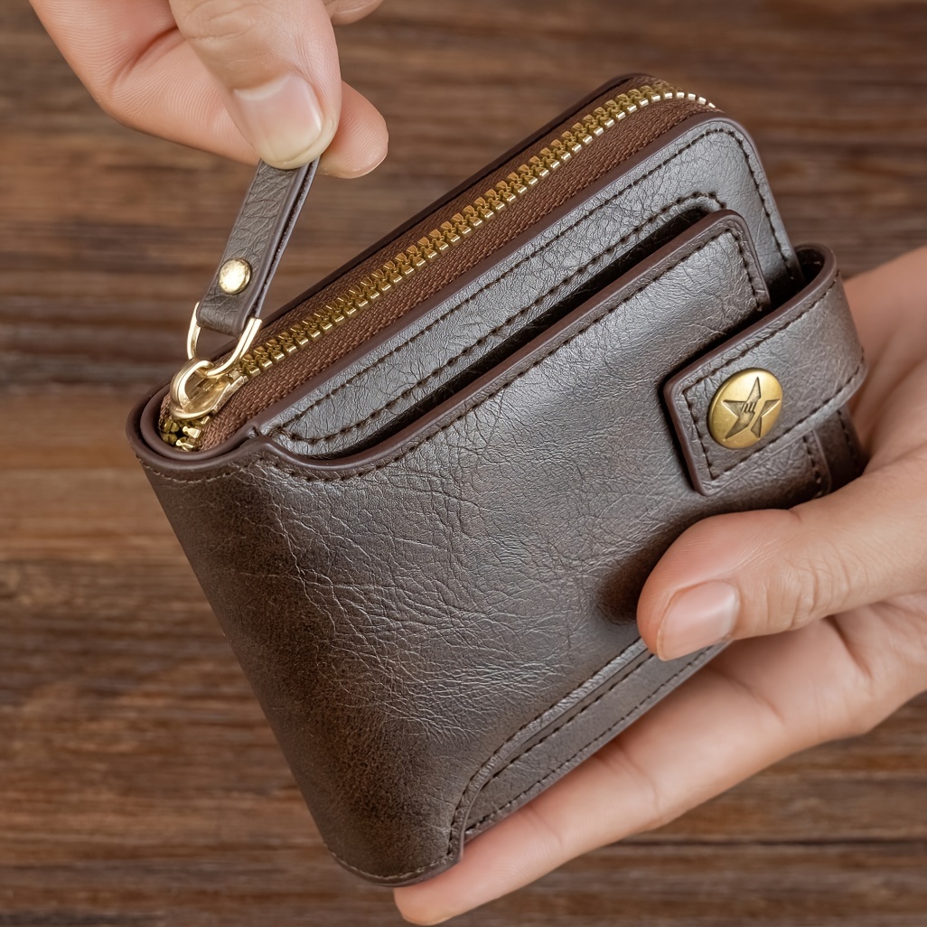 

1pc 's Fashion Button For Switch Multi-card Slots Pu Credit Card Holder, Retro Small Zipper Coin Storage Business Wallet