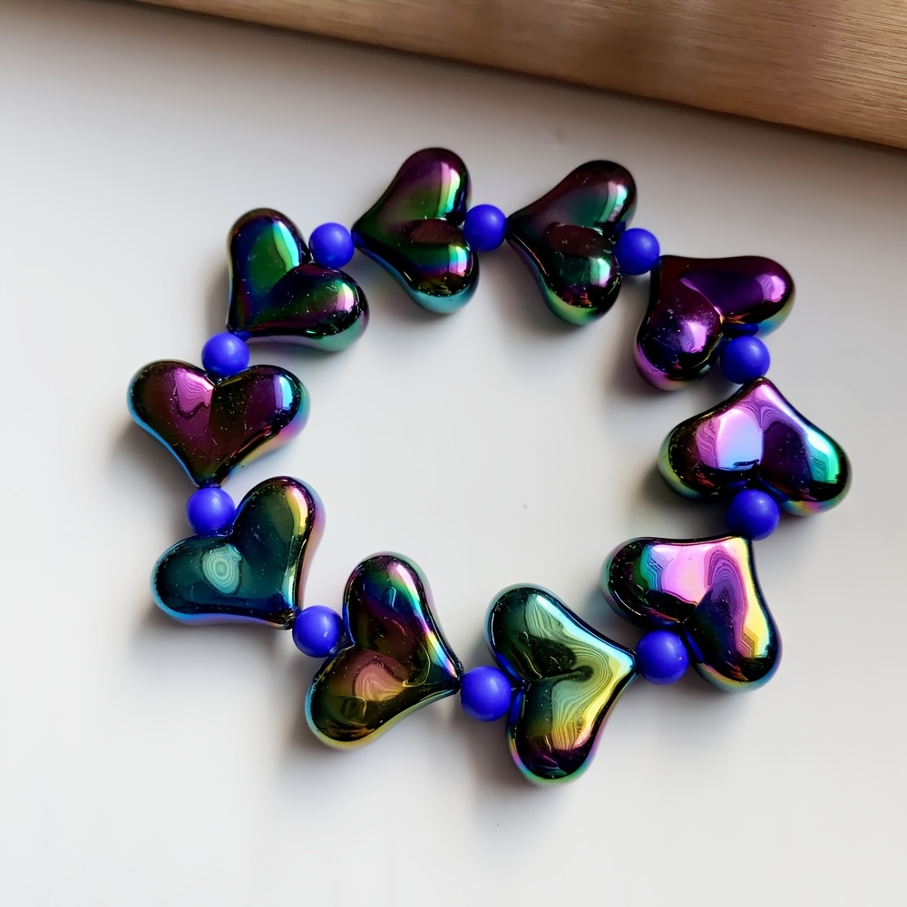 Boho Heart Beaded Bracelet Colorful Resin Charm Stretchy Elastic Rope
