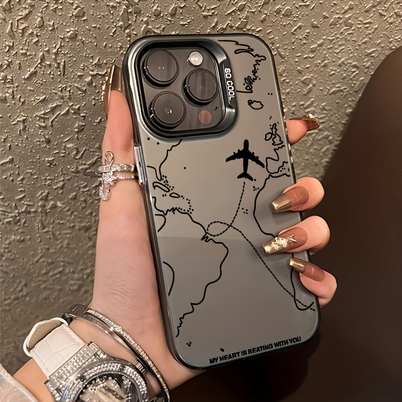 TEMU Handyhülle - Handyhülle Karte Flugzeug IMD Silber Einfaches Design, Stoßfester Schutz, Perfekte Wahl für Herbst und Winter, Hohe Ästhetik Mode,
