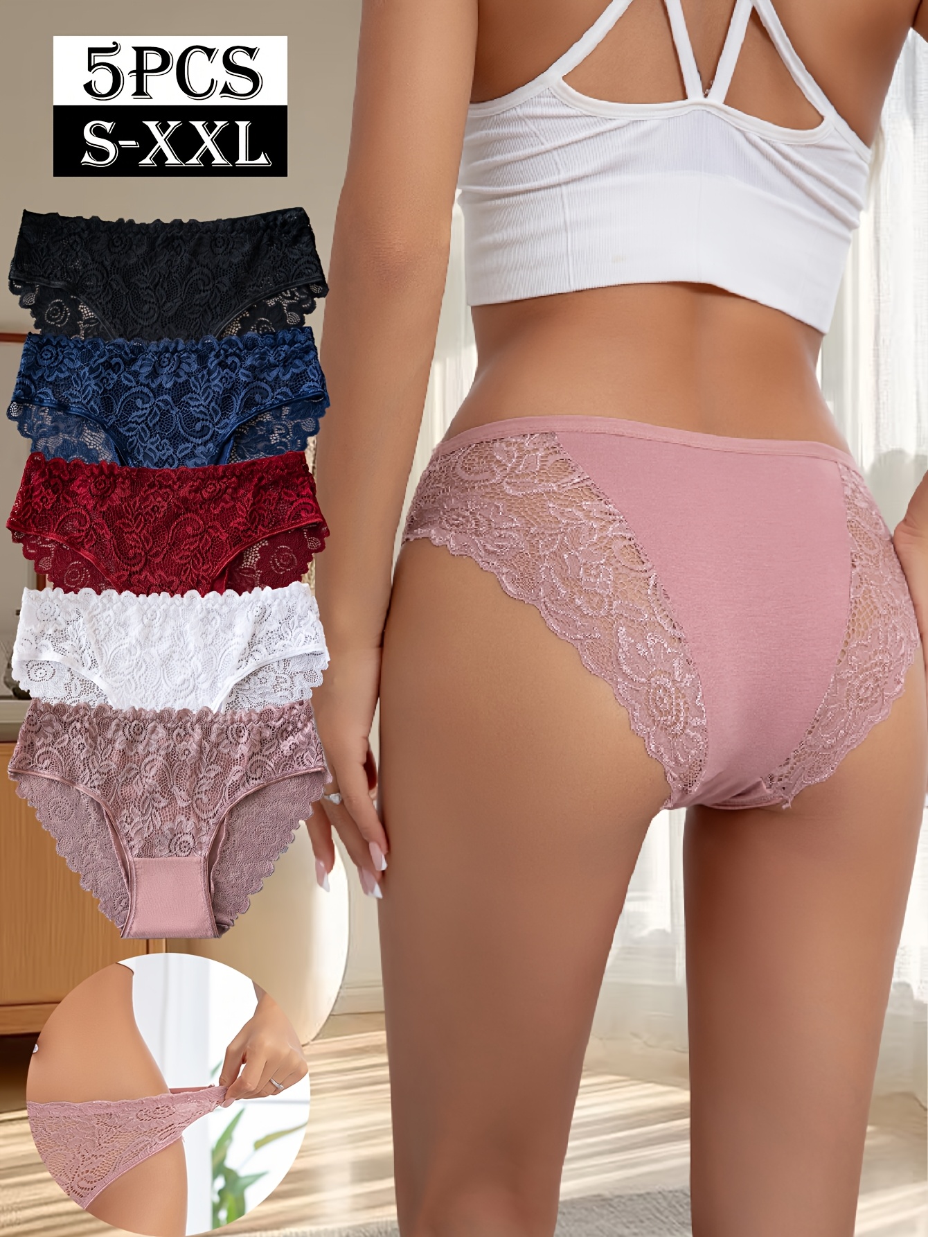 5 pack womens lace panties floral print design breathable and stretchy     underwear with contrast lace trim 95 and 5 elastane black white mix s xxl