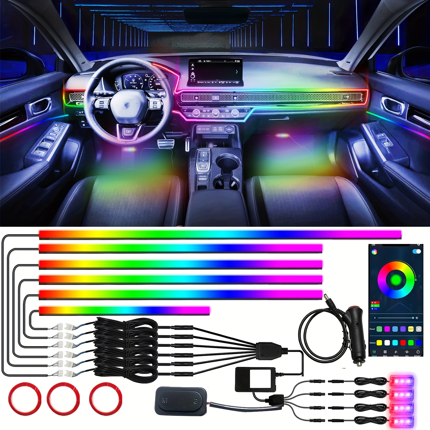 TEMU Dreamcolor Lampes d'Intérieur LED pour Voiture - Bande Lumineuse LED avec via APP et 213 de Couleur, Kits d'Éclairage Ambiant Néon Décoratif,