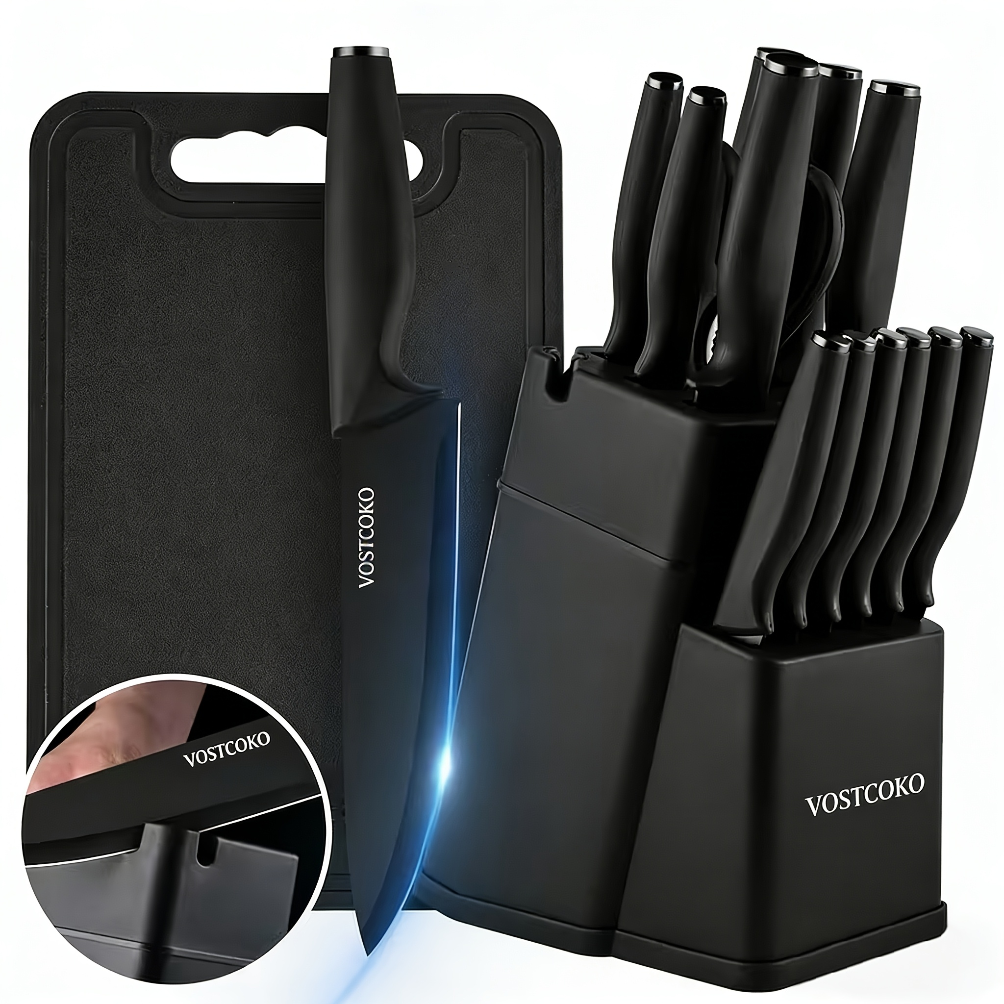 15pcs Professional Black Kitchen Knife Set, Including A Cutting Board, Chef's Knife with Non-slip ABS Handle, Plastic Cutting Board And Kitchen Scissors. Ideal for Home And Restaurant Use. A Perfect Gift for Thanksgiving, Christmas And New Year