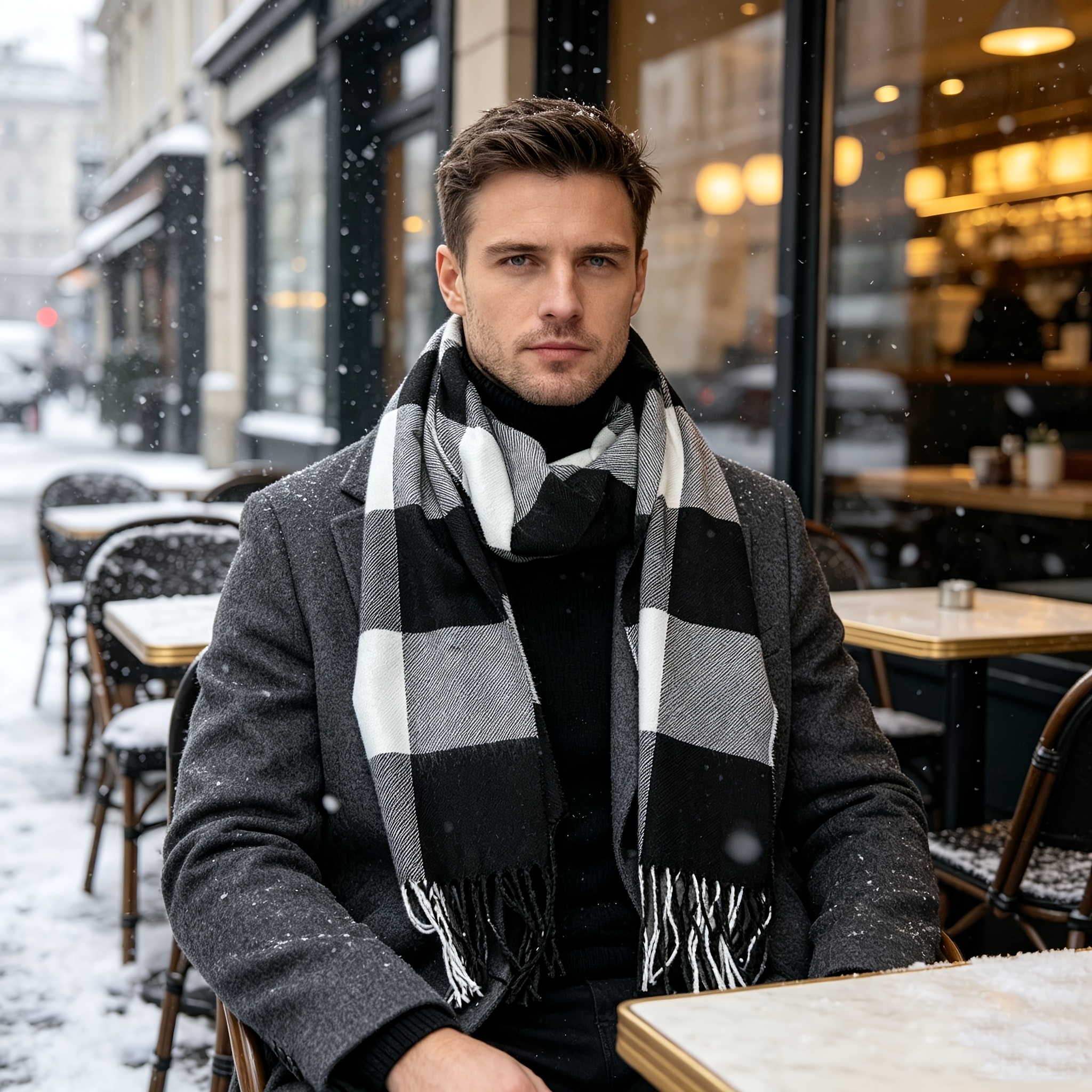 TEMU 1pc / New Autumn/winter Scarf, Warm Plaid Scarf For Men, Unisex Black, White, And Gray Checkered Square Scarf, Suitable For Outdoor Travel And
