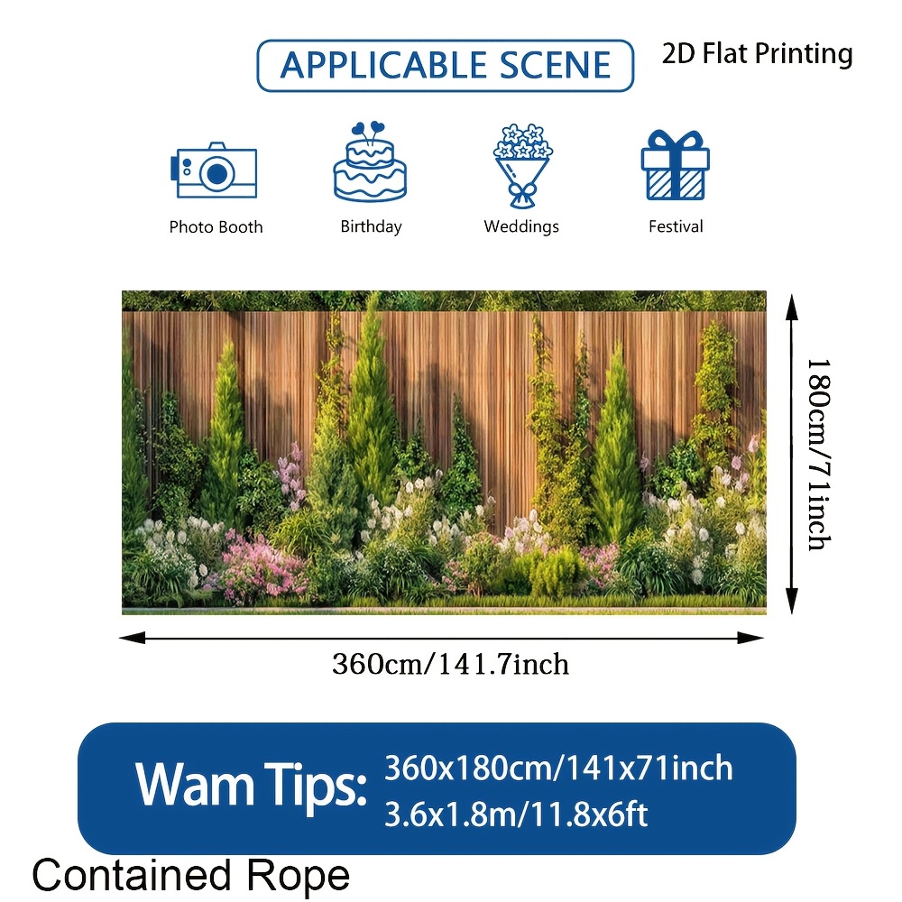 TEMU (2D Plat) 1pc Bannière de Porte de Garage avec Plantes de Jardin et Clôture en Bois, Facile à Installer, Fibre de Polyester, Convient pour Cour
