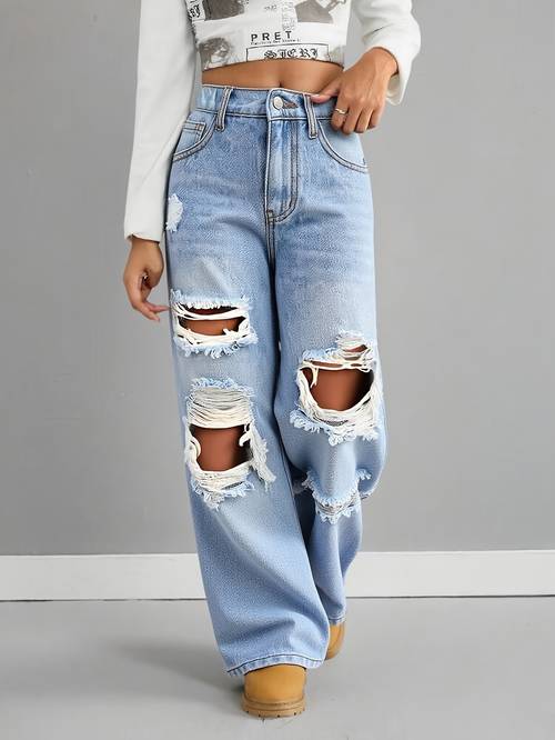 girls fashionable light blue wide leg denim pants with a washed and distressed design loose straight built in zipper casual and stylish suitable for girls aged 7 14