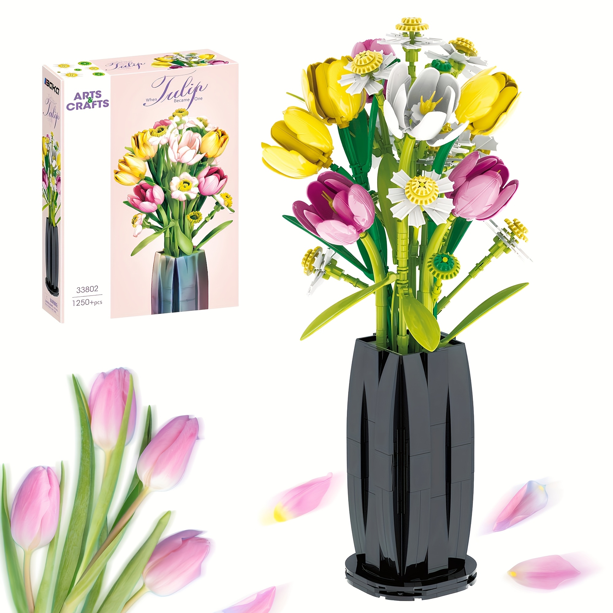 

1250pcs Bouquet Building Blocks Set With Vase - Mixed Colors, Floral Theme, Abs Material - Decor