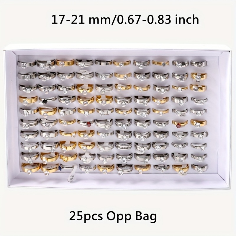TEMU Anillos apilados de moda para mujer al por mayor, 25 piezas/paquete, circonita sintetizada artificialmente, color plateado y dorado, material de