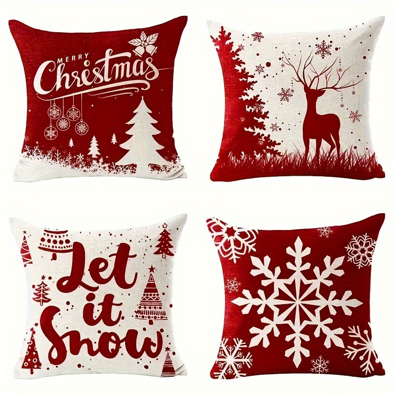 Image of 4-pack Christmas Throw Pillow Covers, Style, Print, Zipper Closure, Machine Washable, Polyester, For Home Decor, Fits Multiple Room Types - Holiday Decorative Cushion Cases