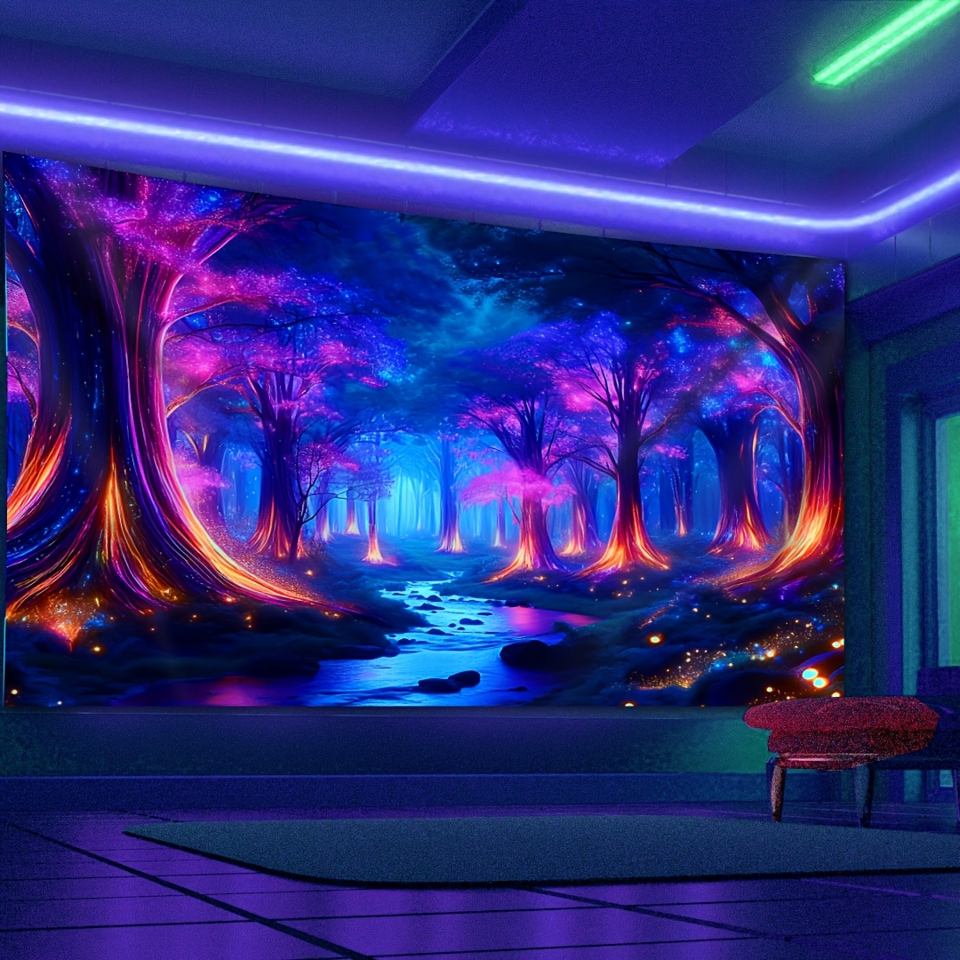 E-shop Verzauberter Wald UV-Blacklight Wandteppich - Großes Baum- & Bachdesign für Schlafzimmer, Wohnzimmer oder Bürodekoration | Inklusive Kostenloser