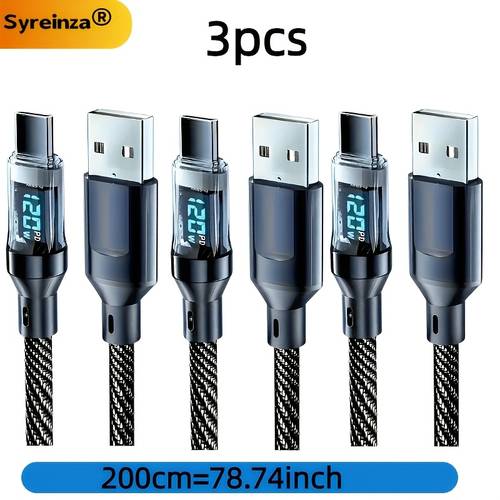 3 sets of 120w super fast charging usb a to type c data cables with led display matte surface significantly improves data transfer speed suitable for iphone 17 16 15 samsung high speed data transfer