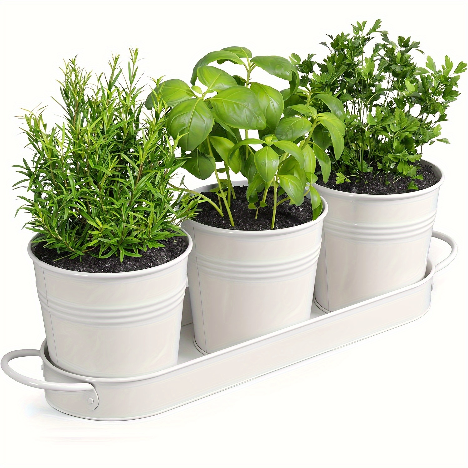 

4pcs/set Indoor Herb Garden Planter Set, 3 Flower Pots With 1 Tray, Windowsill Metal Planter With Drain Function, For Indoor Outdoor Plants, Home Decor