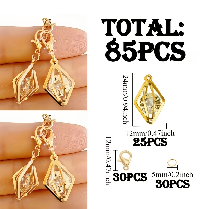 TEMU 85pcs Hollow K Golden Rhombus Shiny Rhinestone Keychain Kit, The Kit Includes 25pcs Hollow K Golden Rhombus, 30pcs Lobster Clasps, 30pcs Closed
