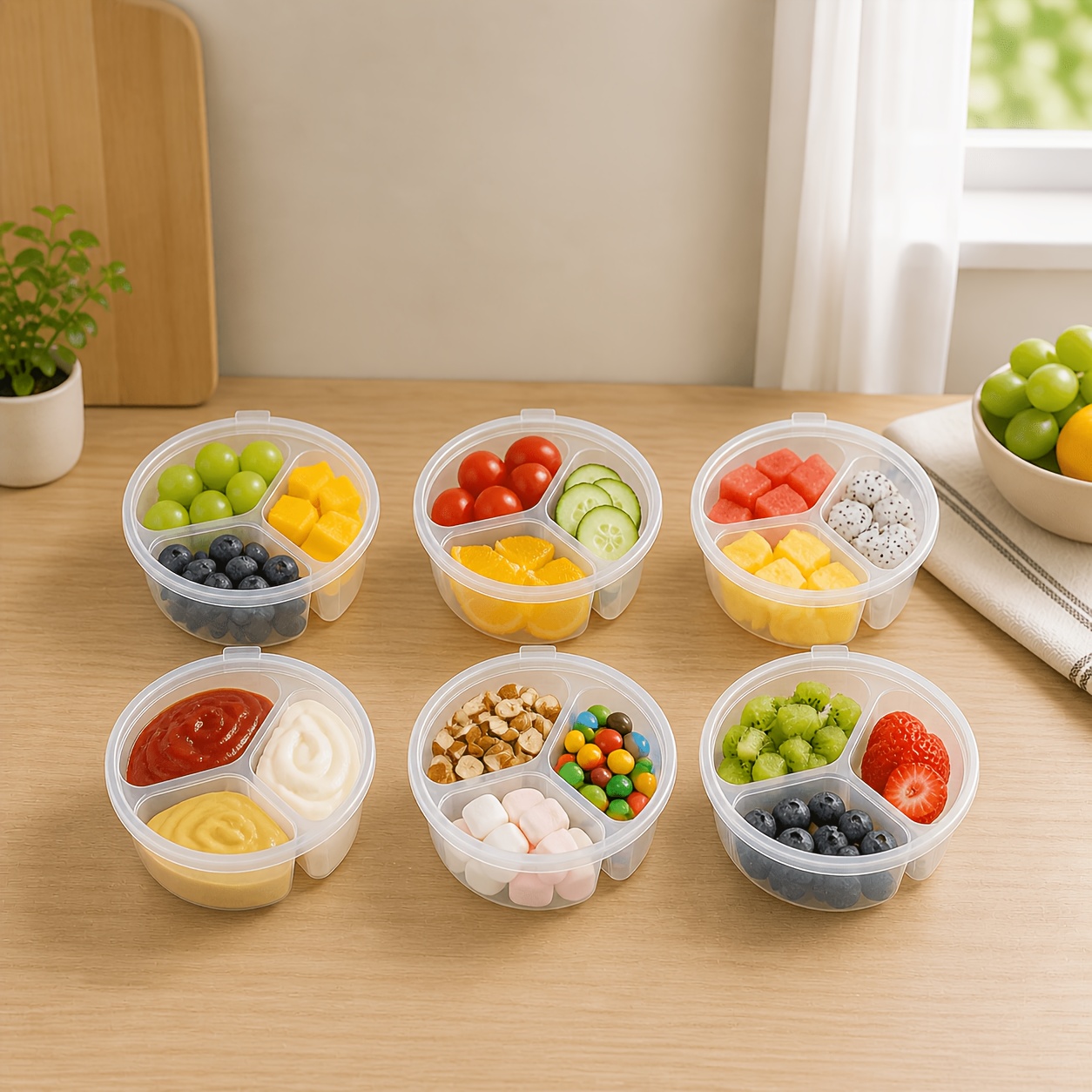 6 reusable three compartment snack and condiment containers with leak proof lids food storage containers stackable   design for lunches picnics office hand wash   picnic essentials modern kitchen supplies durable plastic
