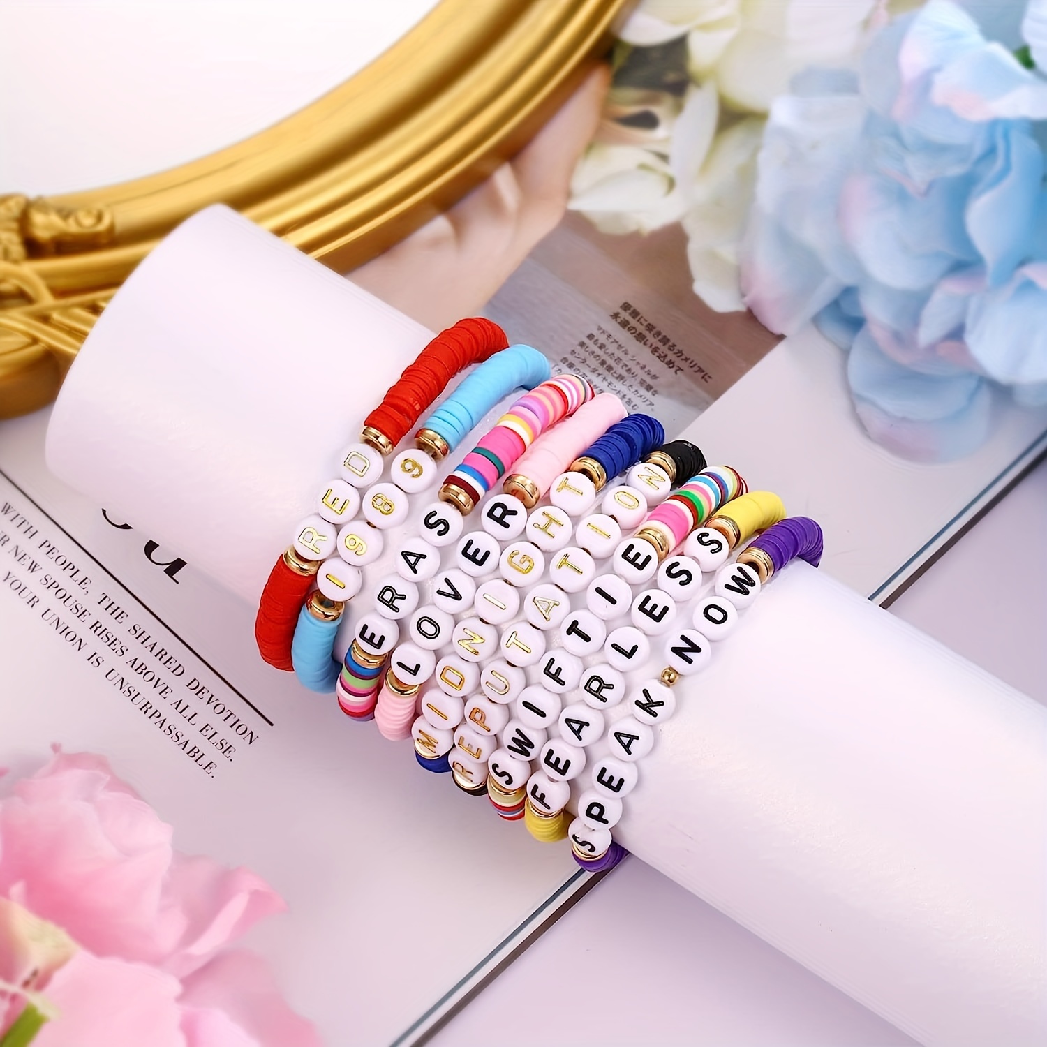 

Ts Fan 9-piece Stackable Bracelet Set - Boho & Minimalist Style, Colorful Polymer Clay Letter Beads, Music-inspired Friendship Wristbands For Parties & Festivals