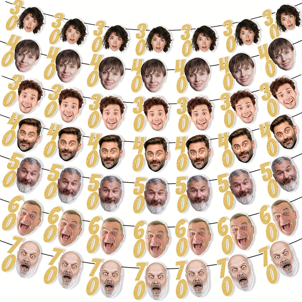 8pcs custom funny     50   70 birthday banner set customizable golden birthday banner personalized face birthday paper bunting garland   adult birthday celebrations 30th  th 50th  th 70th anniversaries party decorations