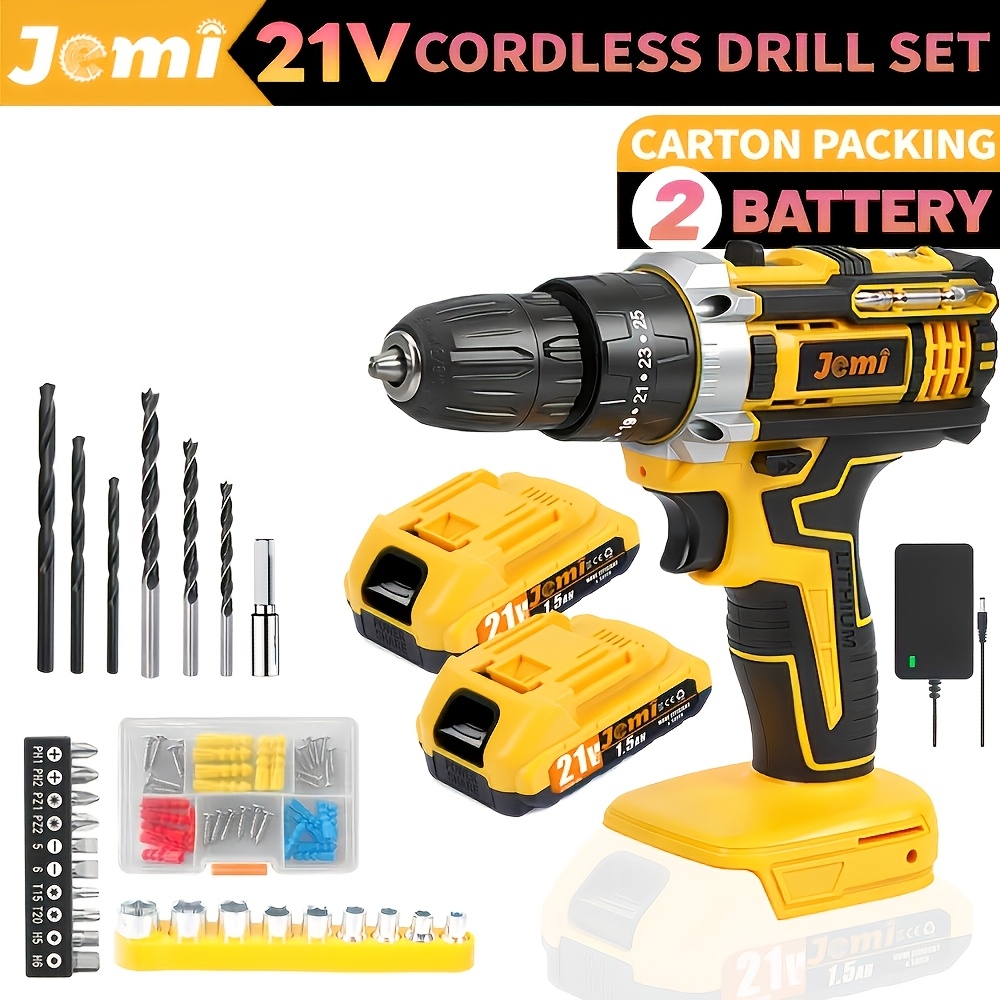Image of Jemi Tool Cordless 21v Drill, Plastic Box And Cardboard Box Accessory Set, 1/2 Removable Battery, 3-in-1 Lithium Drill Suitable For Home Decoration And Tool Repair